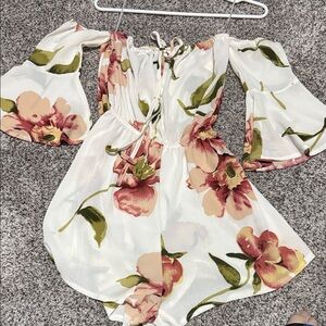 ROMWE Floral Off-Shoulder Jumpsuit - White and Pink